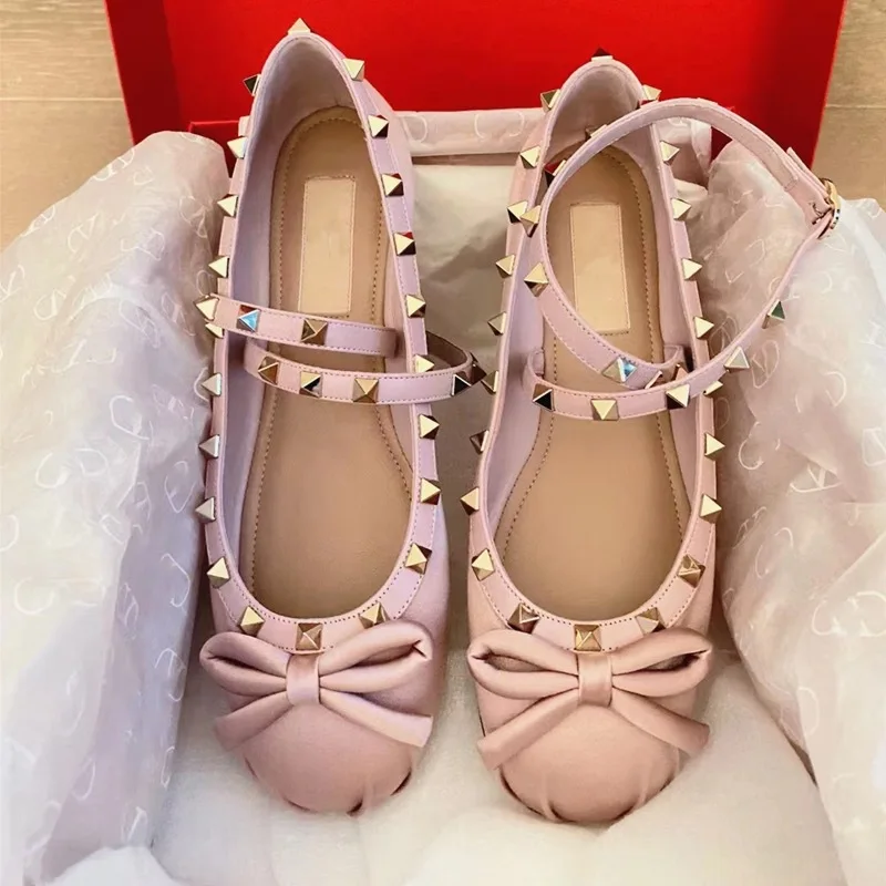 

V family riveted satin ballet shoes female 2024 new bow French single shoes flat bottom Mary Jane princess shoes