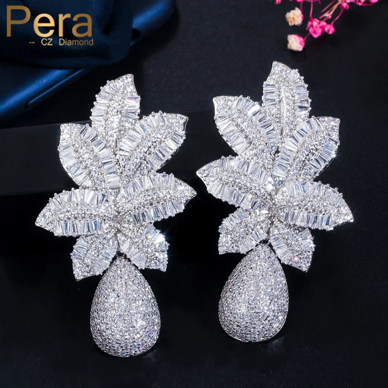 Pera Gorgeous White Cubic Zirconia Silver Color Large Leaf Water Drop Wedding Party Dangle Earrings for Brides Jewelry Gift E606