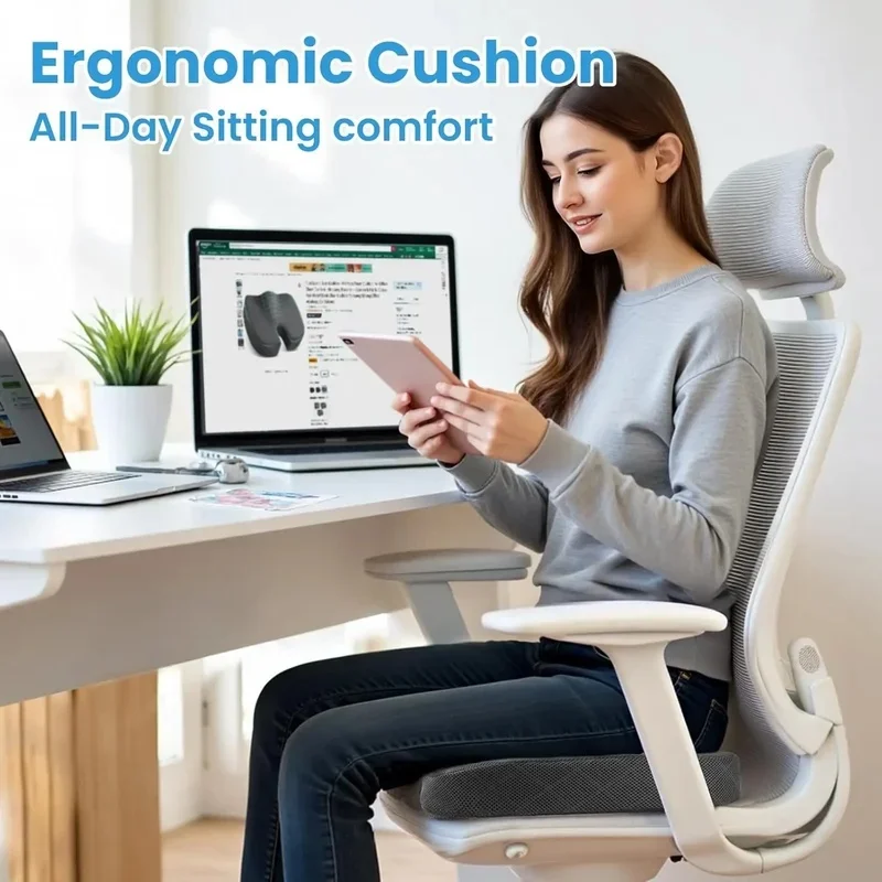 U-Shaped Memory Foam Seat Cushion Ergonomic Tailbone Pressure Relief Pad for Office Chair Car Home Long Time Sitting