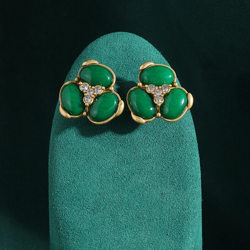 

Vintage Egg Shape Emerald Green Natural Stone Stud Earrings for Women Retro Antique Jewelry Set with Rhinestones Accessories