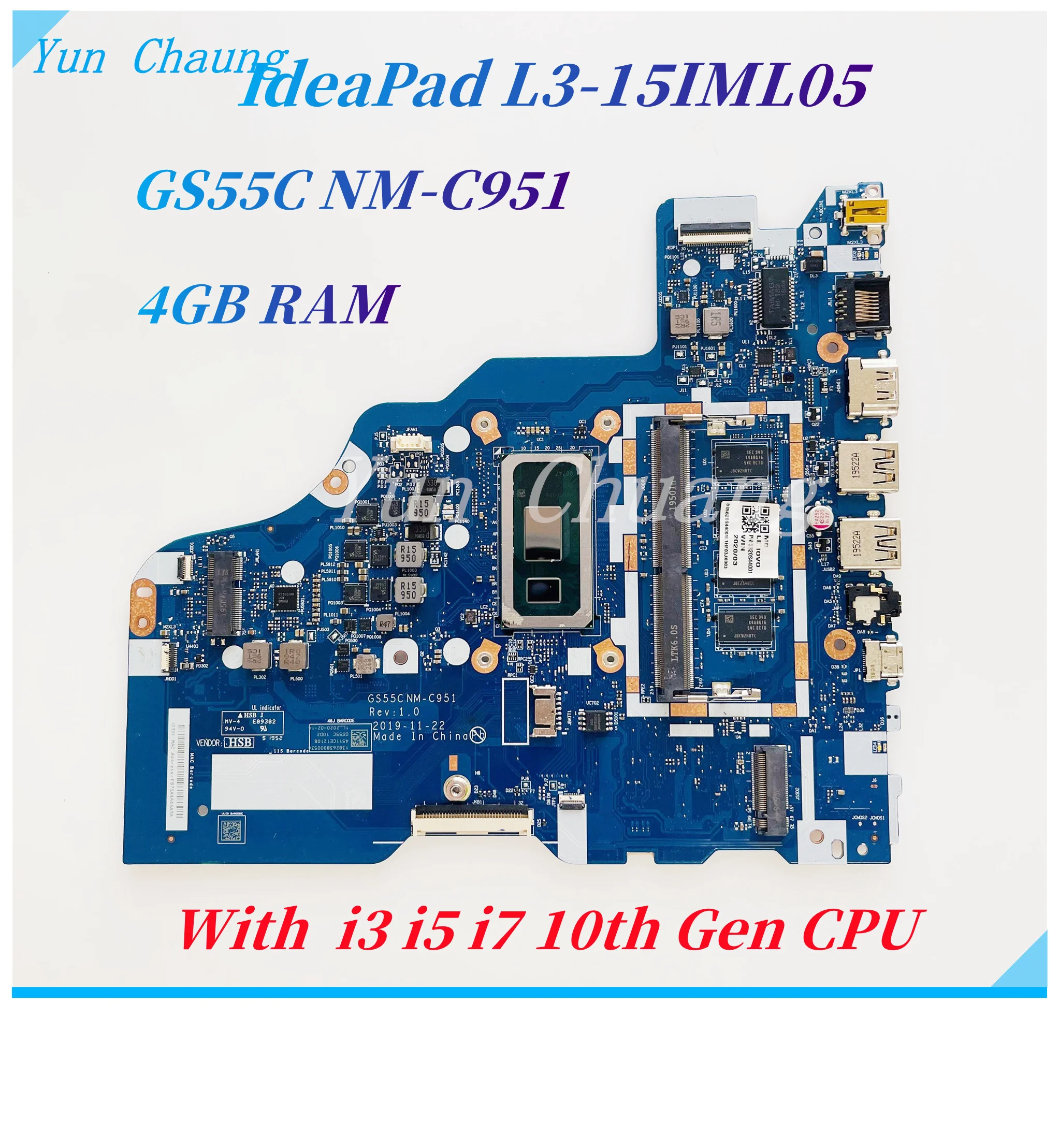 GS55C NM-C951 pour Lenovo IdeaPad L3-15IML05 carte mère d'ordinateur portable 5B20S43997 5B20S44001 avec processeur I3/I5/I7-10th Gen + 4GB RAM DDR4