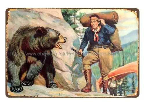 1940s OFF GUARD by PHILIP GOODWIN Bear Hunter metal tin sign art prints