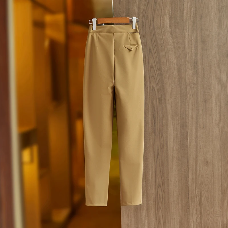 Cheap Price Quality Casual Designing Women Slim Slight Stretchy Pencil Pants Khaki Color Female Trousers