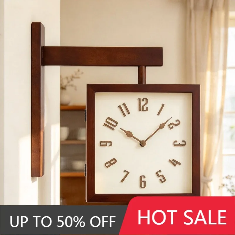 Solid Wood Wall Clock Double Side Corner Silent Living Room Modern Wall Clocks Minimalist Retro Hanging Clocks Home Decoration