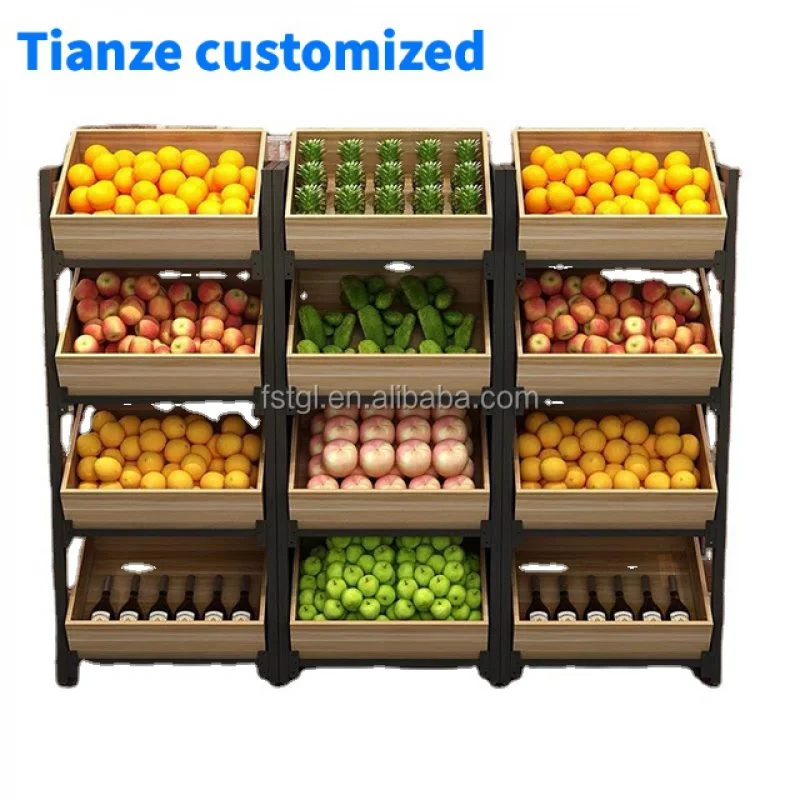 [Customized]Modern custom wooden 4 tiers retail fruit display stand and rack