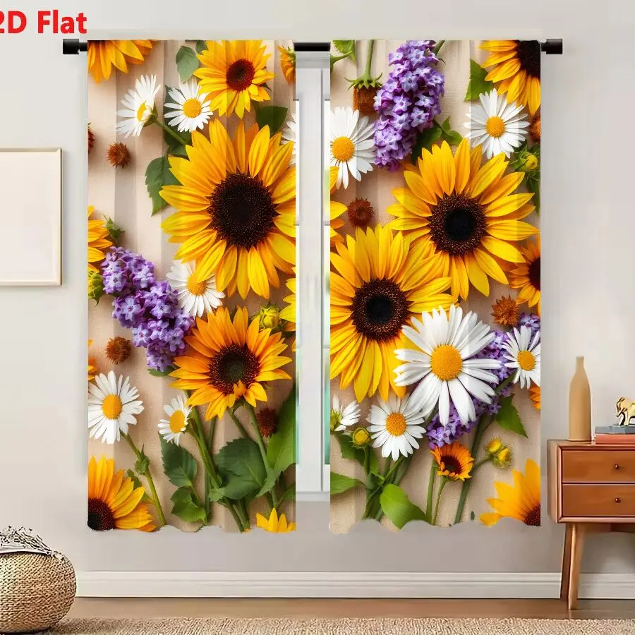 2Pcs Curtains 2D Flat Colorful Flower Arrangement With Sunflowers Daisies Lilac Buds And Green Leaves On Light Beige Background