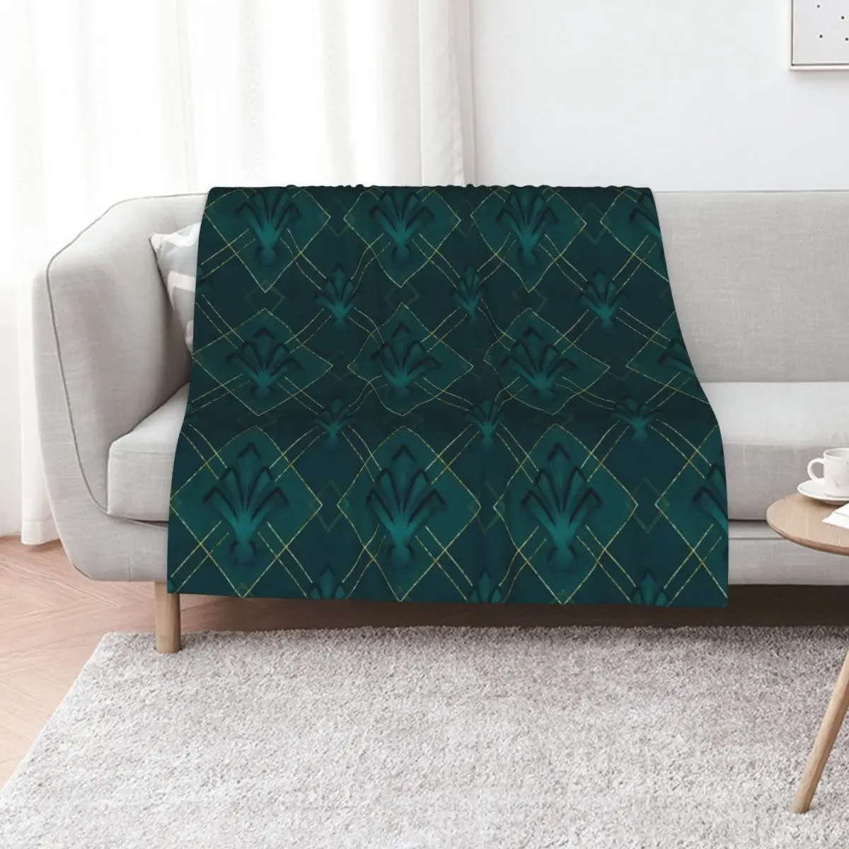 Emerald Green And Gold Art Deco Pattern Throw Blanket Stain Resistant Cozy Warm Blanket