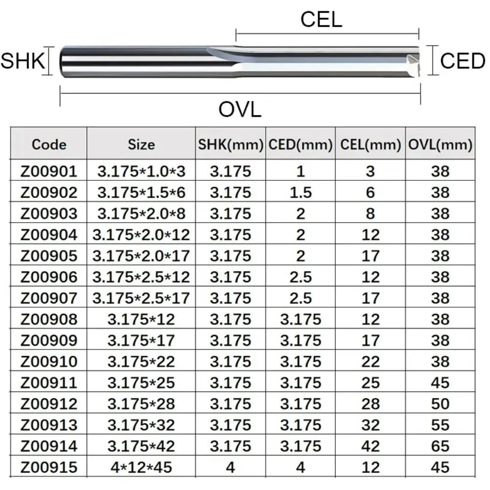 1Pc 3.175mm Shank 2 Flute Straight Slot Milling Cutter  Carbide End Mill CNC Router Bit Engraving Bit Tools