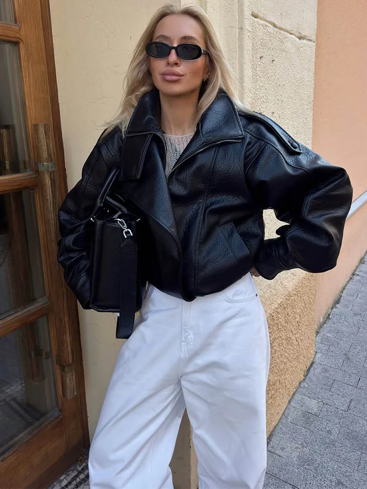 Ladies Black Solid Short Moto Jacket Diagonal Zip High Collar Epaulette Strap Loose Fit Biker Outerwear Coat For Going Out Retro