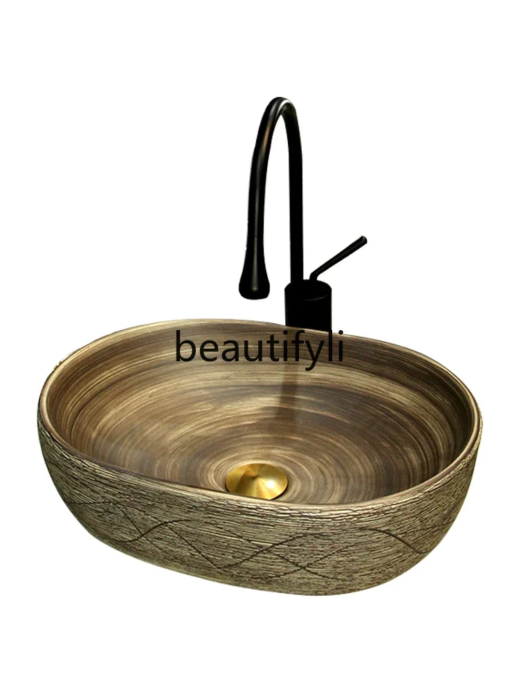 

Ceramic retro countertop basin Wood grain homestay art wash basin Household bathroom wash