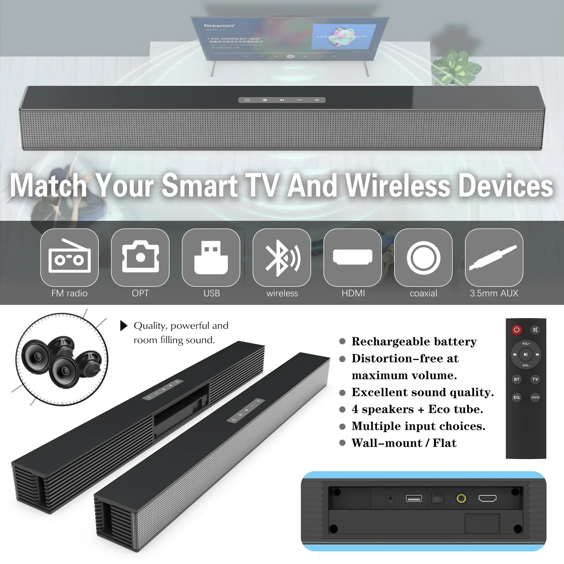 BS-18B Soundbar Speaker Indoor Integrated Wall-mounted Line In AUX U-Disk RCA Optical Fiber Input FM Radio Bluetooth Wireless