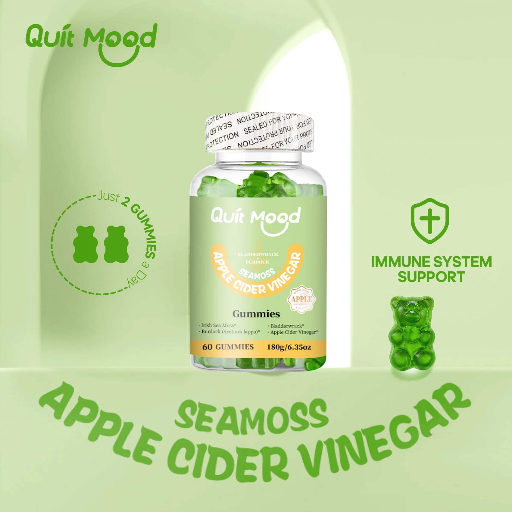 Quitmood Apple Cider Vinegar Gummies- 60 Count - 3500mg Bladderwrack, Burdock Root and Sea Moss - Natural Irish Sea Moss for Imm