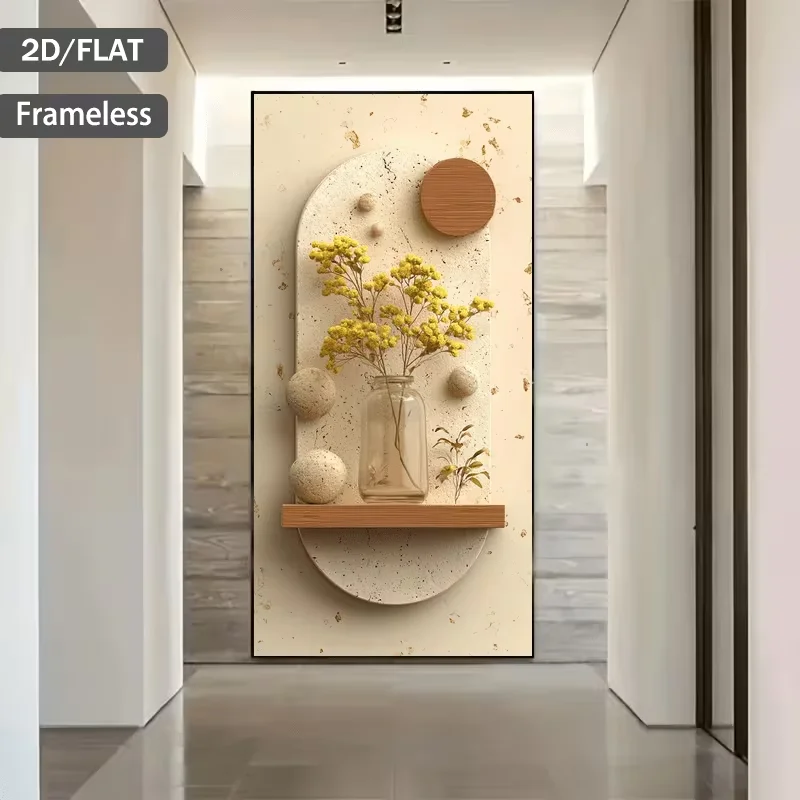 1pc (No frame),2D Flat, 2D Flat 1pc 39.37*78.74in/100*200cm UnFramed Yellow Flowers in Glass Vase on Shelf with Stone Decor Prin