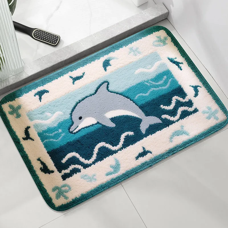VIKAMA Underwater World Dolphin Bathroom Rug, Sea Animal Print Non-slip Mat, Quick Dry Washable Home Entryway Doormat