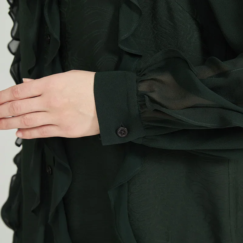 (خصم حصري للمعجبين) VOA 100% بلوزات نسائية بياقة بولو من قماش الجاكار الأخضر الحريري 100% بلوزات جورجيت بأكمام طويلة قميص فضفاض BE1388