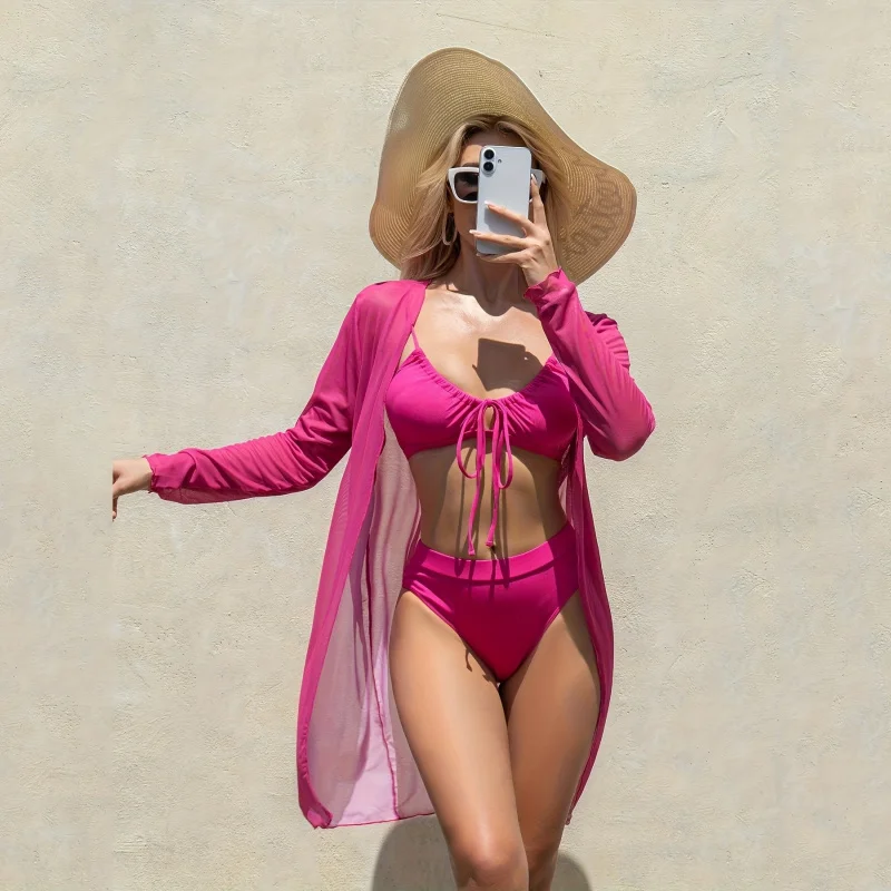 

Solid color three-piece sexy bikini set for women with thin straps, bow-tie briefs, and long-sleeve sun protection swimsuit