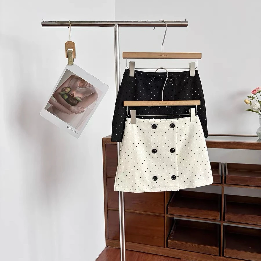 Women's Summer Elegant Polka Dot Double Breasted Mini Skirt Lady Streetwear High Waist A Line Short Skirt