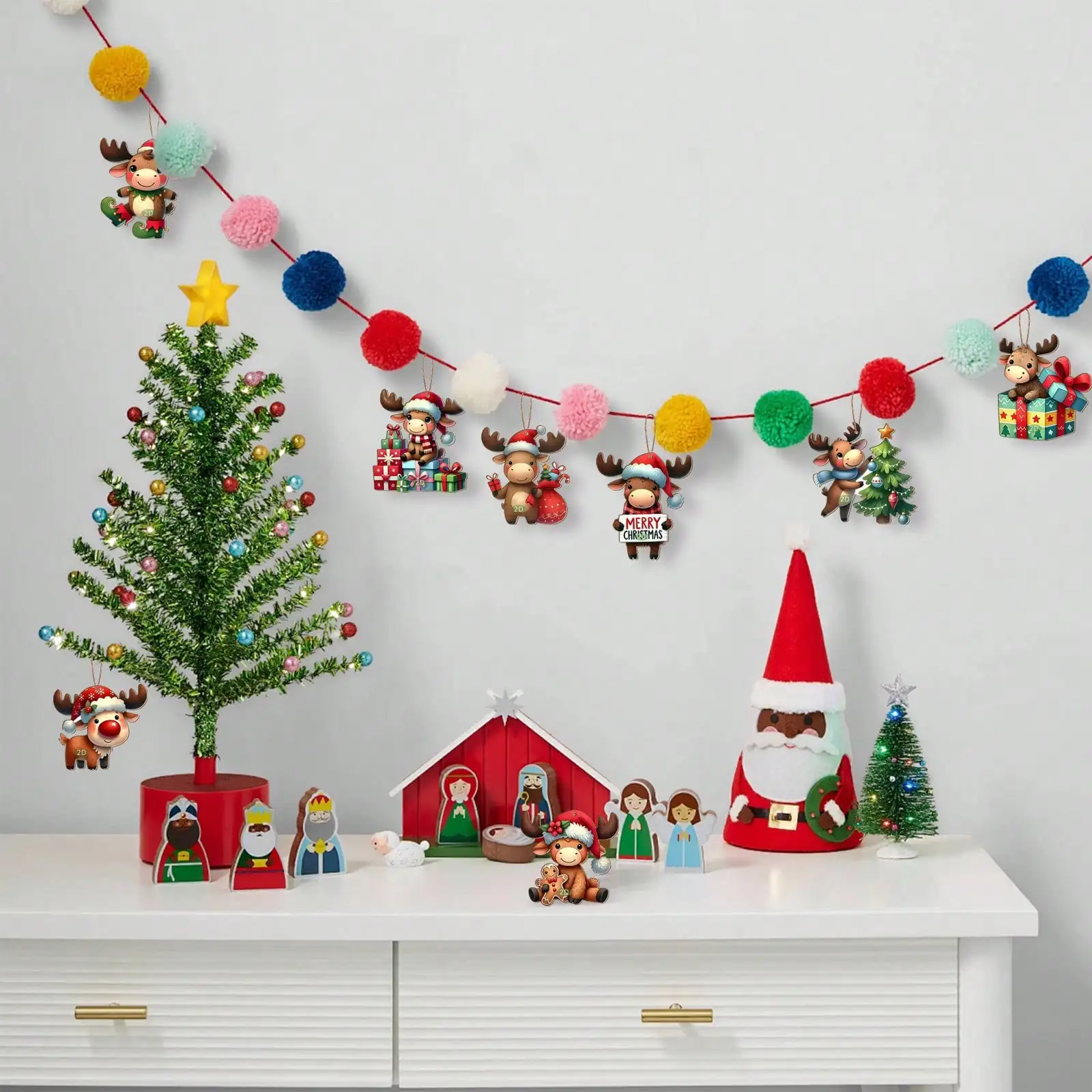 22PCS Wooden Cute Cartoon Reindeer Christmas Tree Ornaments for Christmas Home Party Decoration