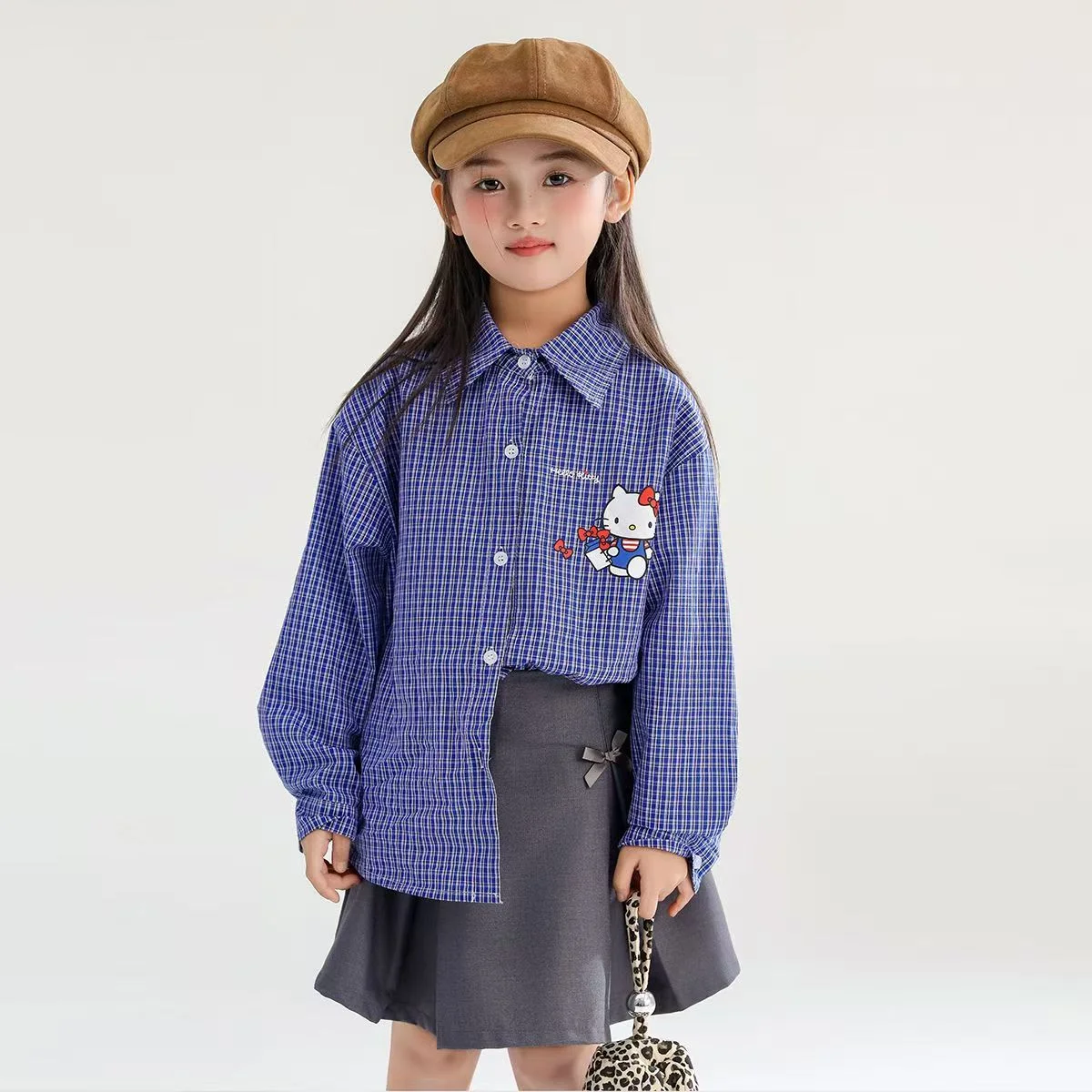 

Детское пальто Sanrio Hello Kitty для девочек, милая детская рубашка в клетку, новинка весны и осени, хлопковая модная рубашка с длинными рукавами в стиле аниме