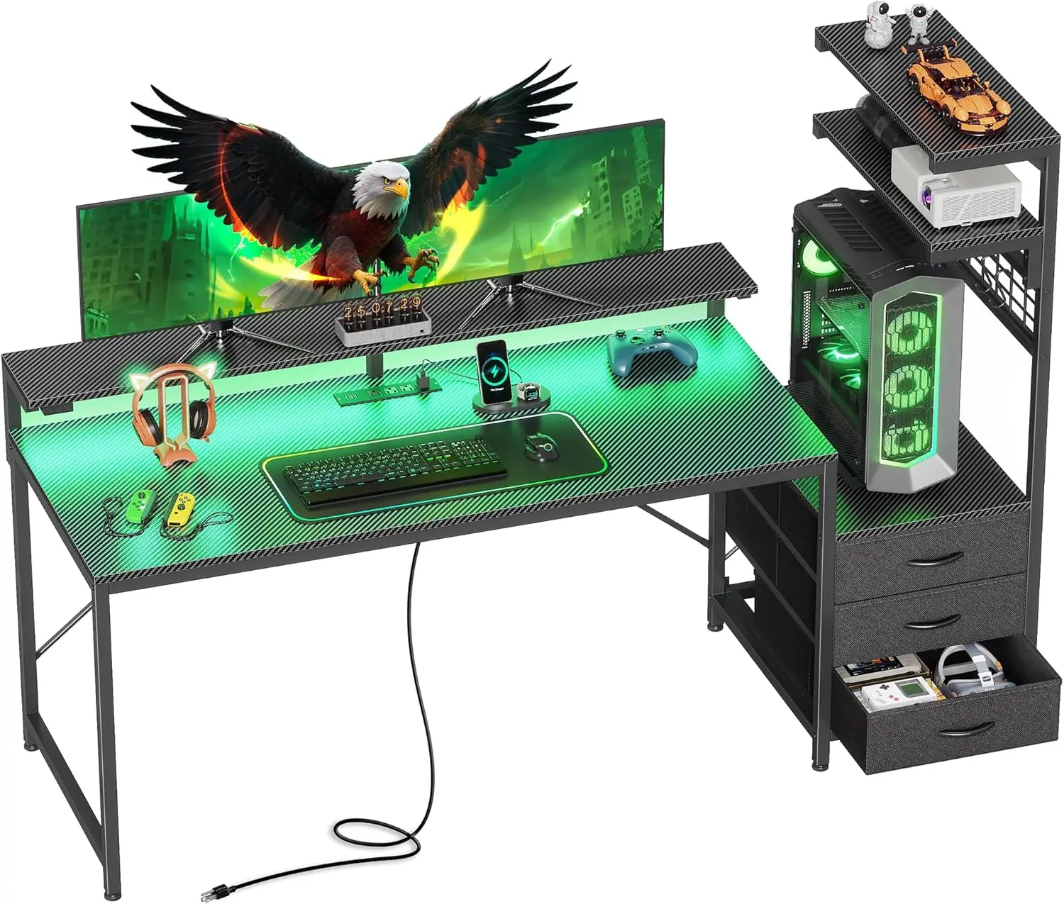 

61.7" Gaming Desk with LED Lights & Outlets, Computer Desk with 3 Fabric Drawers,PC Desk PC Case Stand & Movable Storage Shelves