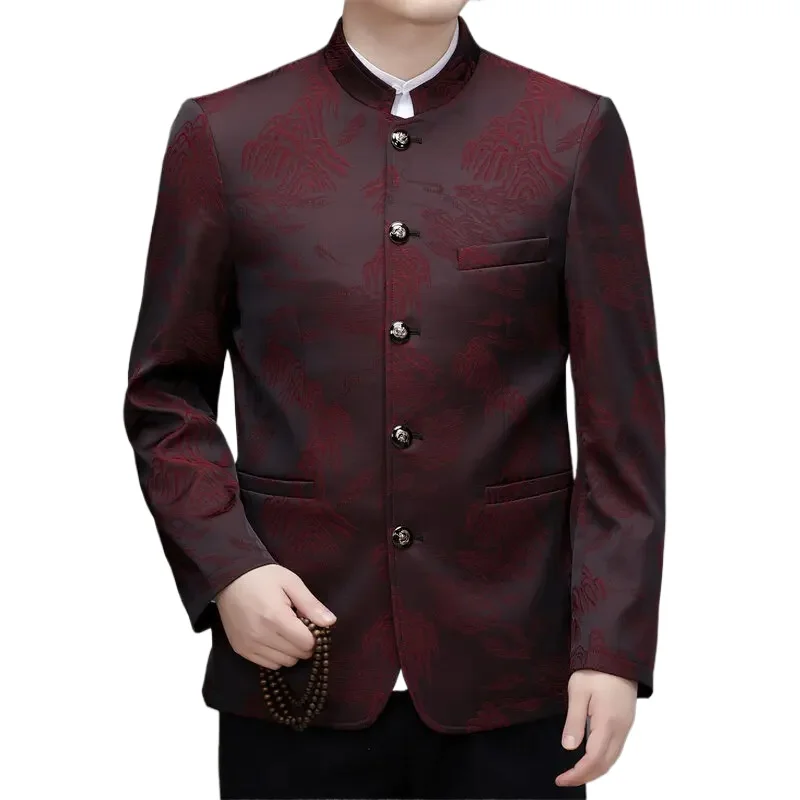 2025 New Red High Quality Fashion Casual Tang Suit for Men, Single Breasted Navy Blue Non-iron Mens Blazer,Chinese Tunic Suit