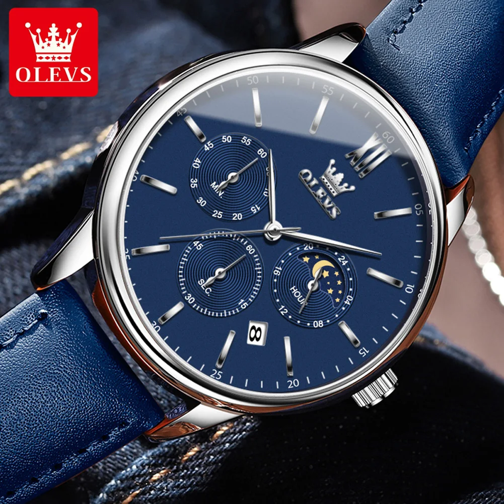 OLEVS Brand New Business Mens Watches Fashion Blue Leather Waterproof Date Luxury Moon Phases Chronograph Quartz Watch for Men