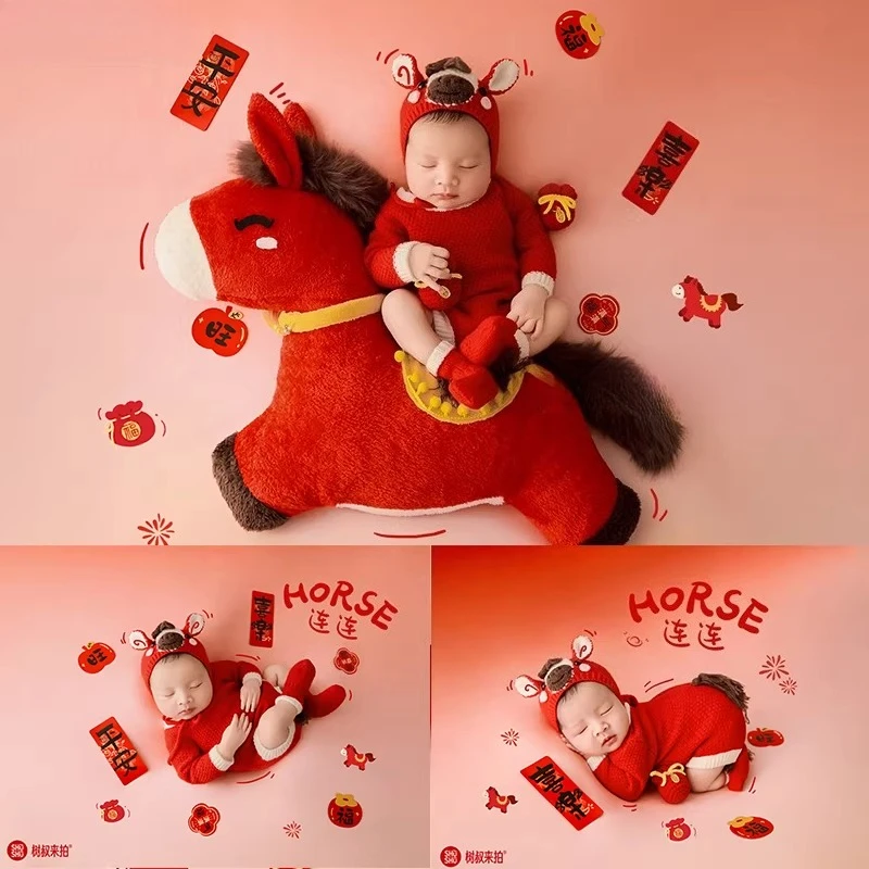 Newborn Photography Props Red 2026 Horse Chinese New Year Theme Set Posing Horse Doll Outfit Backdrop for Fotografia Photoshoot
