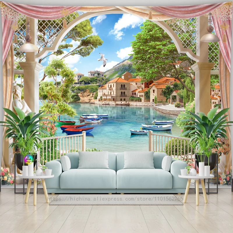 European Landscape Tapestry Natural Sea View Waterfall Aesthetics Bohemian Hippie Home Decor Landscape Tapestry Wall Hanging