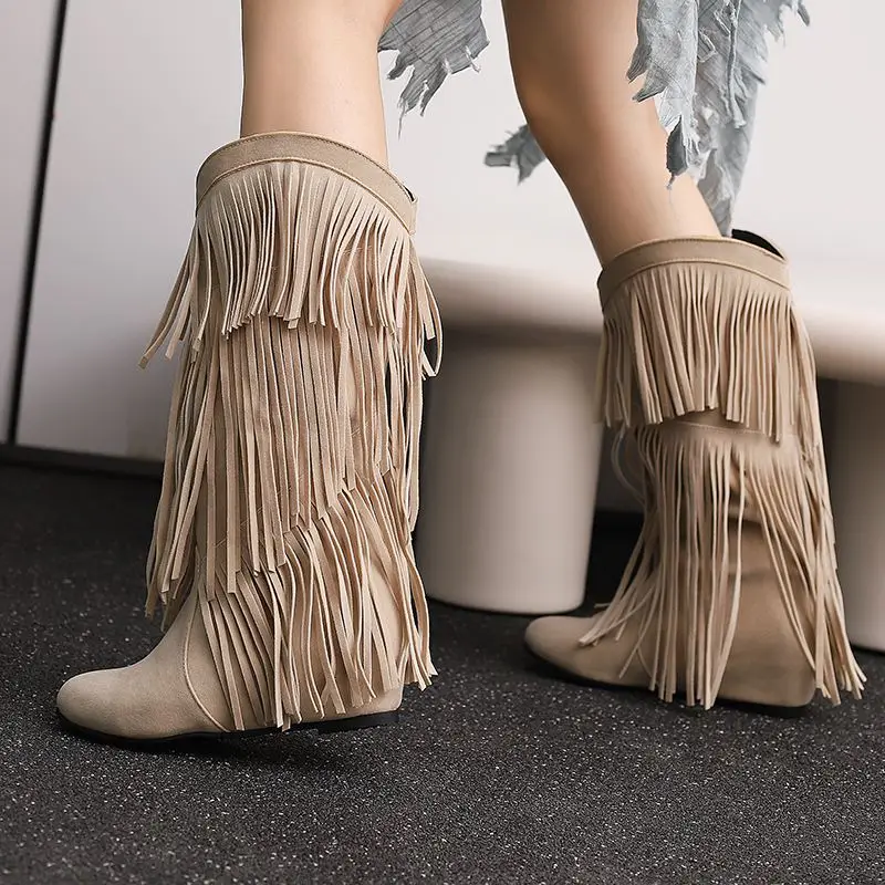 

Girseaby Fashion Women's Mid-Calf Boots Round Toe Increased Heel Flock Suede Fringe Slip-On Size 46-48 Fashion Dating Style