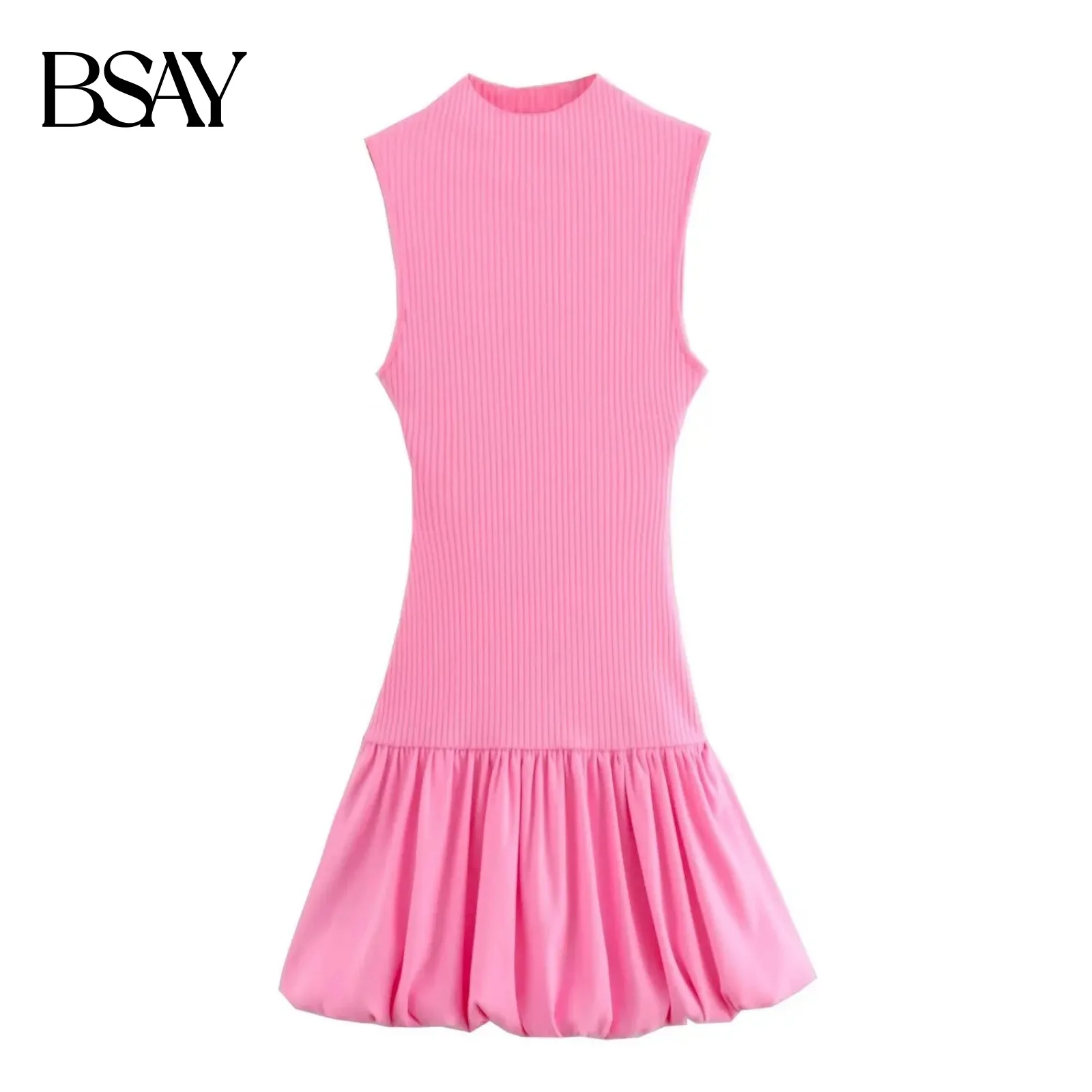 BSAY femmes mode été nouveau ballon fileté dos nu col rond court gilet robe Chic femme élégante sans manches robes de soirée