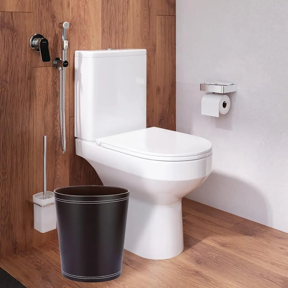 Round Leather Waste Basket,Small Classic Pu Trash Garbage Can Under Desk Cabinet, Contemporary Wastebasket Bin For Home Office