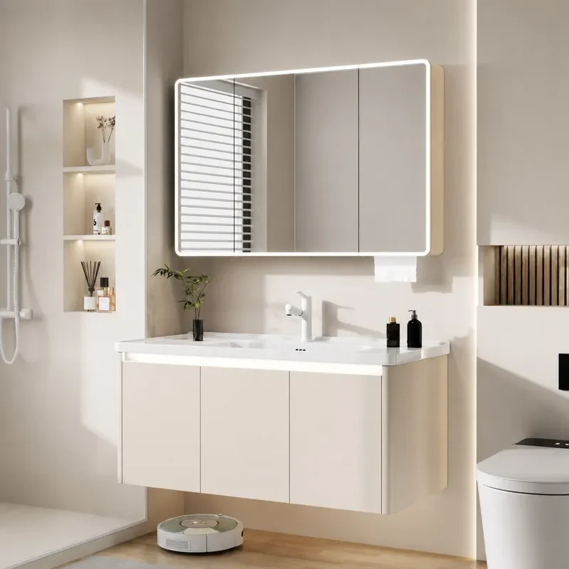 Bathroom Cabinet with Ceramic Integrated Basin Washbasin Vanity Unit with Storage Basket for Modern Bathroom Sink Combo