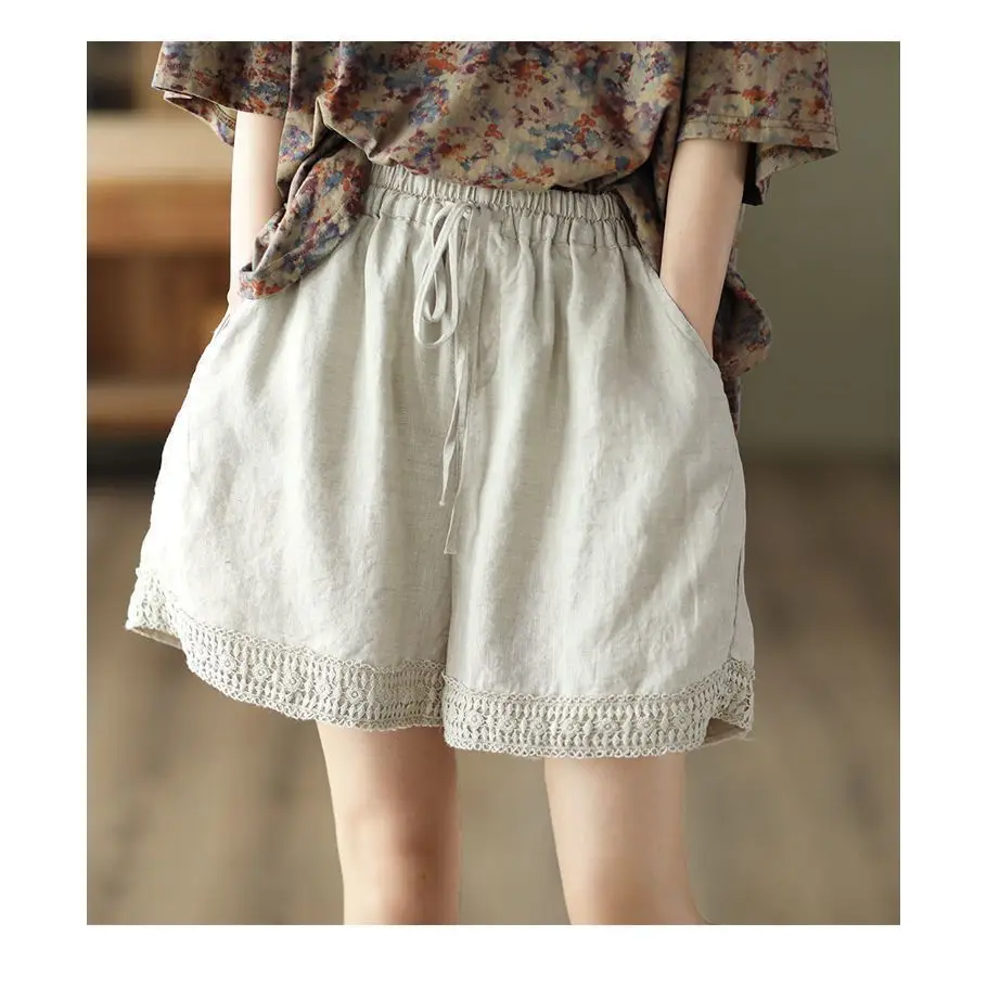 Women Summer Simplicity Loose Large Size Cotton and Linen Solid Color Quarter Shorts Ladies Casual All-match Hollow Out Shorts