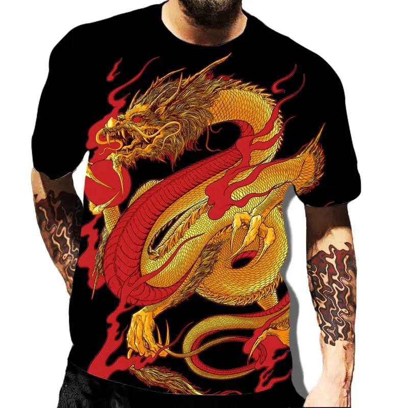 Animal Dragon Graphic T Shirt for Men Black Clothing 3D Printing Casual Streetwear T shirts Hip-Hop O Neck Tops Male Tees 6XL