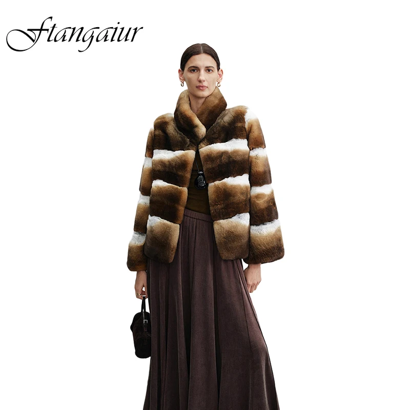 Ftangaiur Winter Import Rex Rabbit Fur Vest Coat Sleeveless Women Mandarin Collar New Striped Short Natural Rex Rabbit Fur Coats