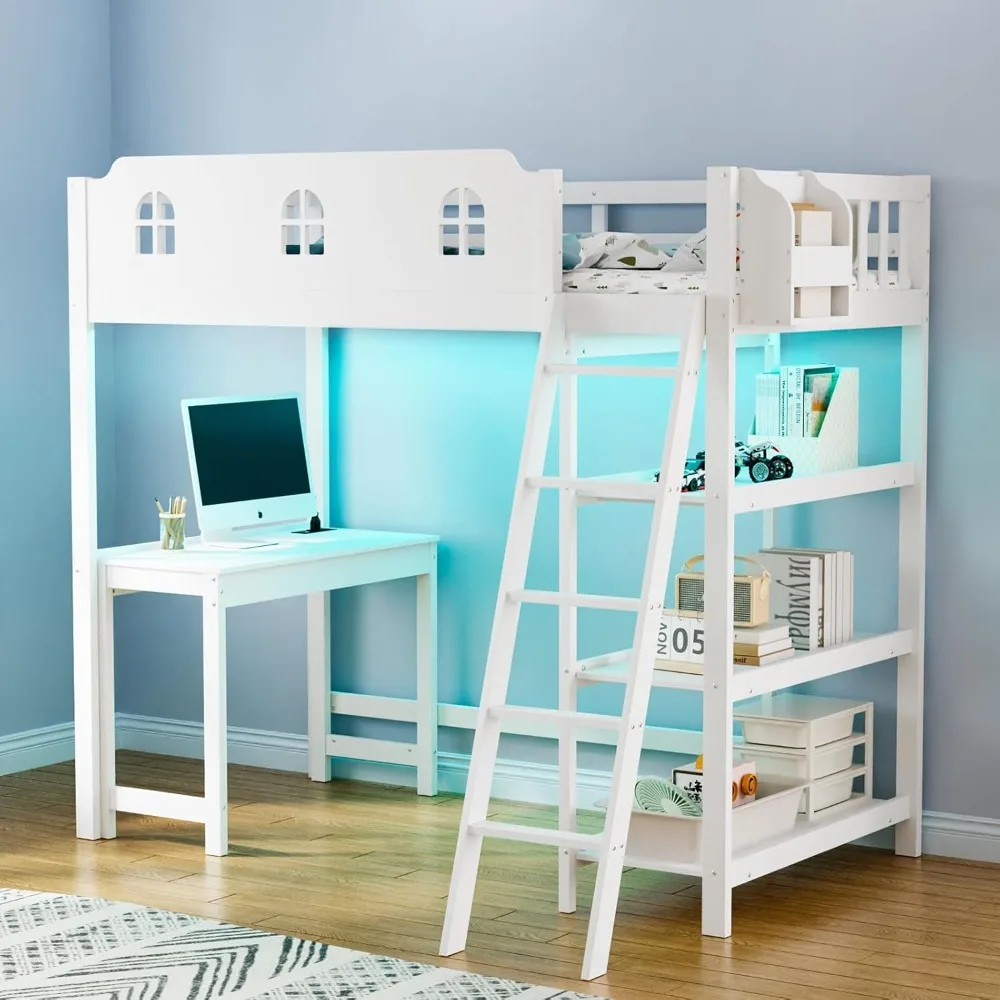 Loft Bed with Desk and LED Light,Loft Bed Twin Size with Charging Sation, Book Rack, Loft Bunk Bed with Bookcase for Kids