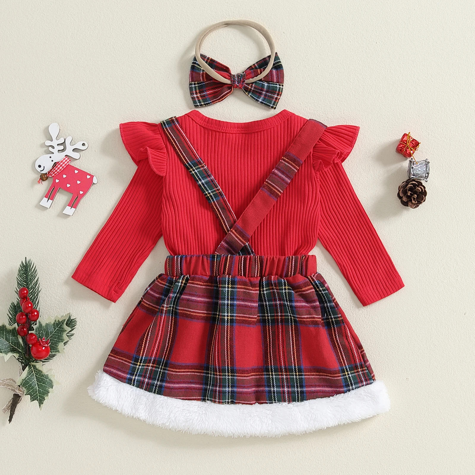 2025 New Years Baby Girl Christmas Outfit Ruffle Long Sleeve Ribbed Romper Tops Plaid Suspender Skirt with Headband 3 Piece Set