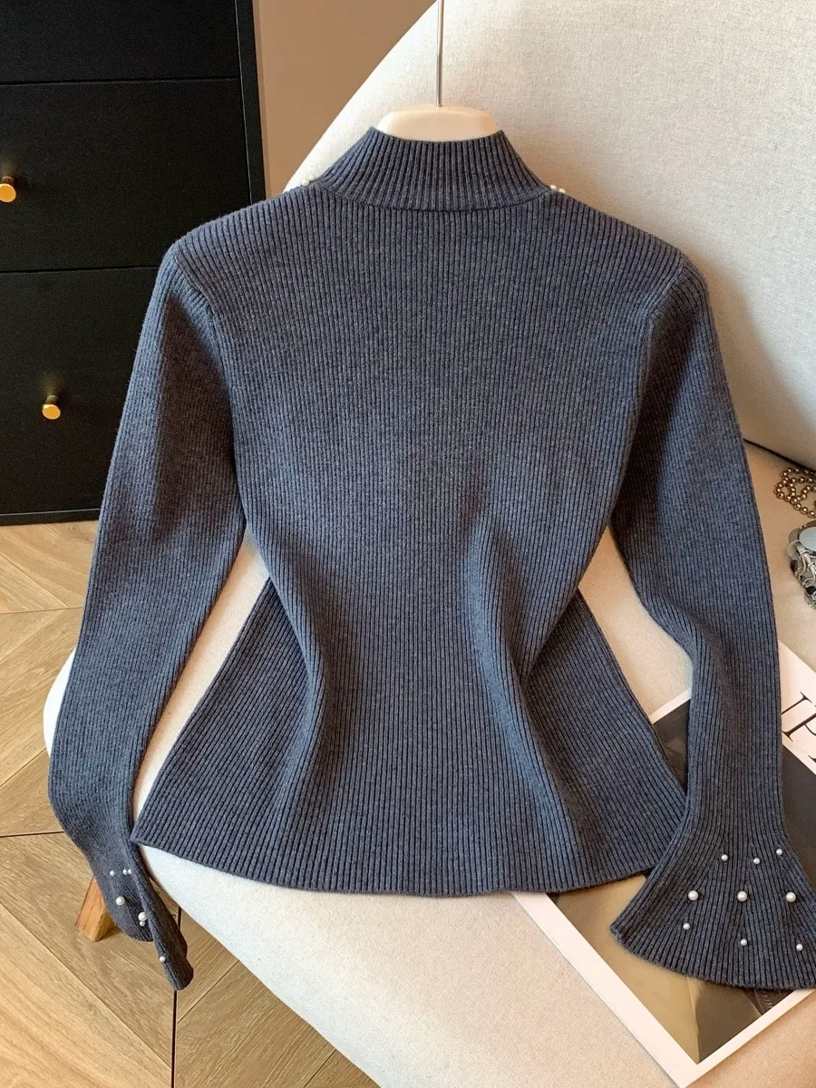 여성 니트 베이스 하이 칼라 퍼 이너웨어 미디 스웨터 독특하고 아름다운 플레어드 스웨트 탑 출퇴근룩 슬레 코리...