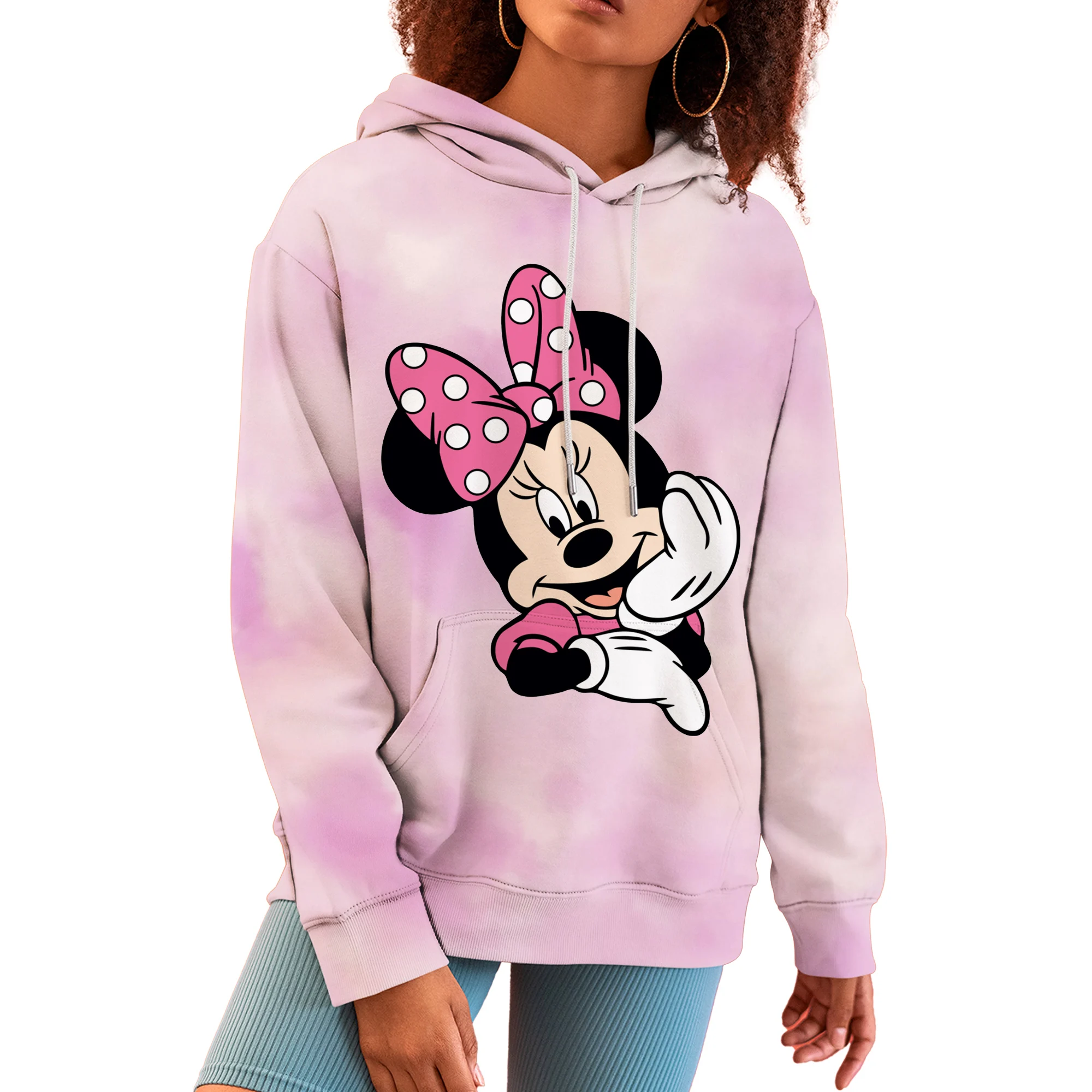 Women\'s Disney Minnie Mouse Hoodies Pink Gradient Hoodie Woman Oversized Sweatshirt  Autumn Female Casual Long Sleeved Loose Top