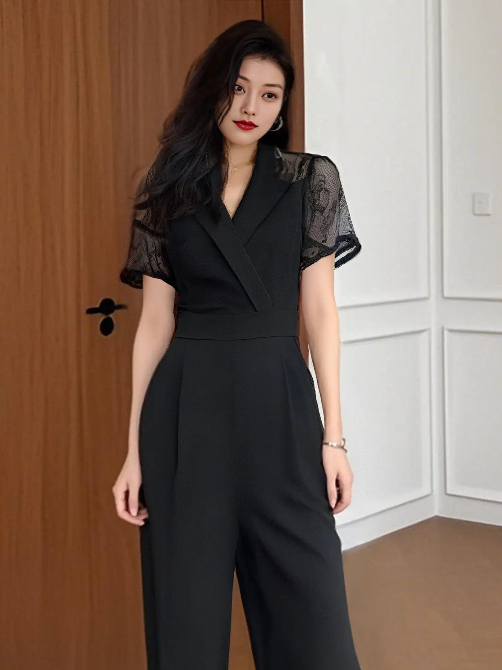 

Ele Bla Wide Leg Jumpsuit Women's Faion Spring 2026 High Waist Long Pants Polyester Fiber High-End Sensation Slimming