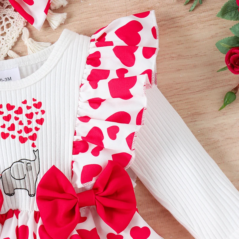 

Toddler Girl Heart Print Ruffle Sleeve Romper with Matching Headband Set Valentine s Day Outfit Infant Clothing
