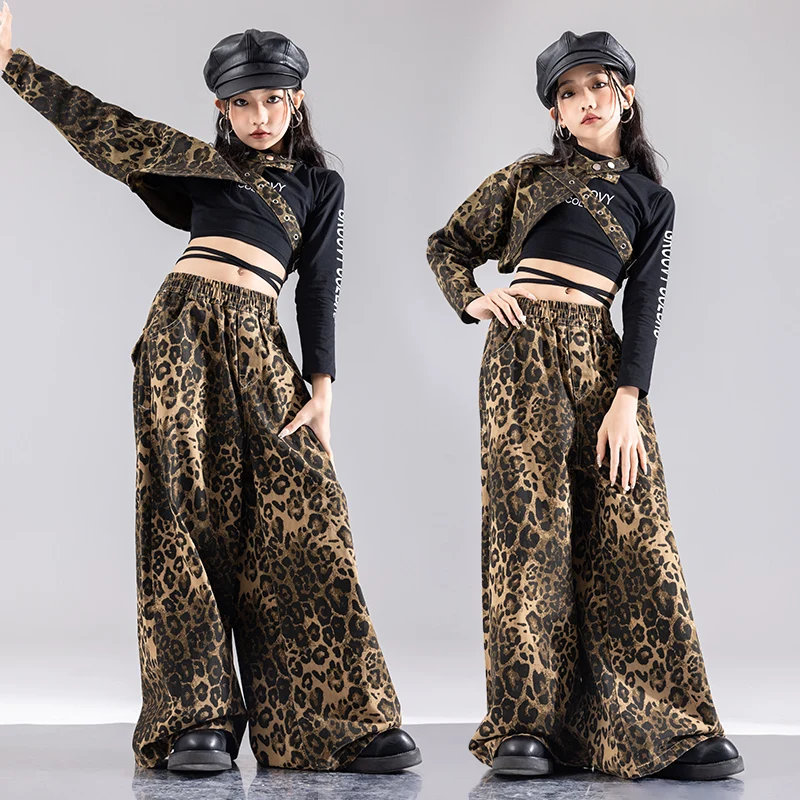 Kids Hip Hop Crop Top leopard pattern Street Dance Cargo Pants Girls Streetwear Children Jazz Costumes K-pop Clothes Set