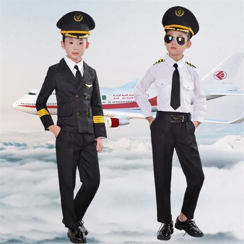 90-160cm Kids Aircraft Cosplay Costume Halloween Party Stewardess Suit Fancy Pilot Uniforms Girls Performance Clothing Set