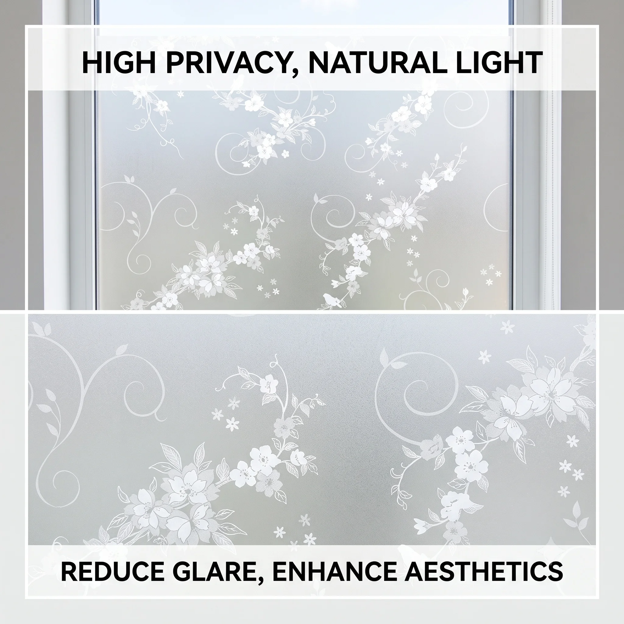 White Bird Vine Floral Frosted Window Film Self-Adhesive Privacy Glass Sticker Anti-Peeping UV-Protective Waterproof DIY Cutable