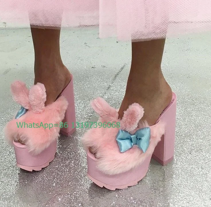 Lady Pink Fur Shape Rabbit Chunky Heel Slipper Pumps Platform Slip-On Mules Footwear Open Toe Fur High Heels Shoes Cute Pumps 46