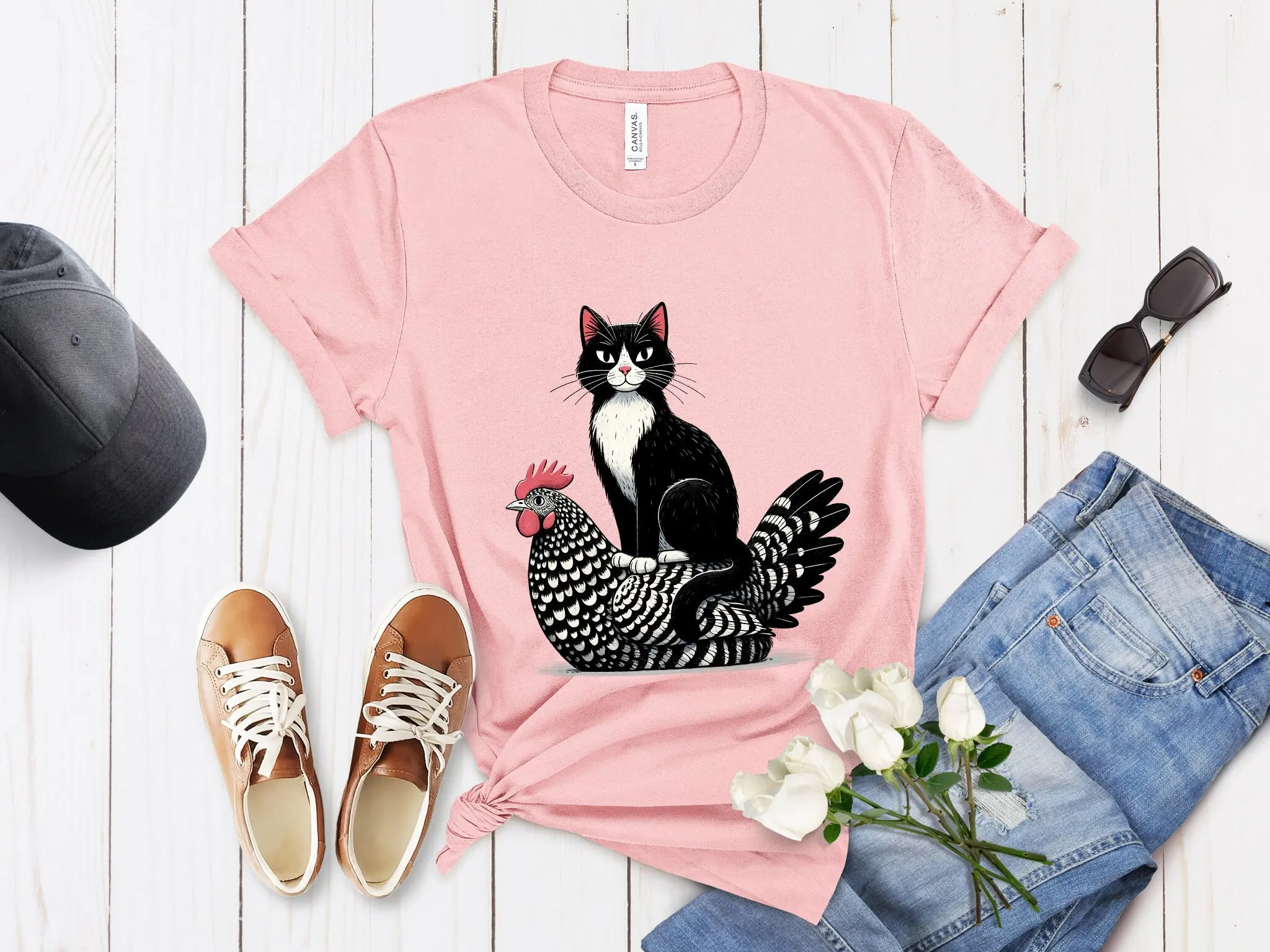 Unique Cat Rooster Illustration T Shirt Top Cotton Artistic Animal Lover Design Funny Farm Idea for Pet Lovers