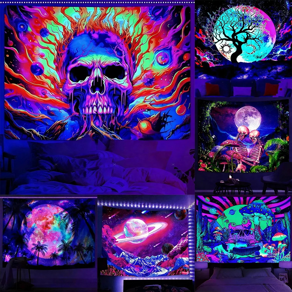 

Glow-in-the-Dark Tapestries with Alien Skulls and Space Scenes UV reaction tapestry background decoration room party decoration