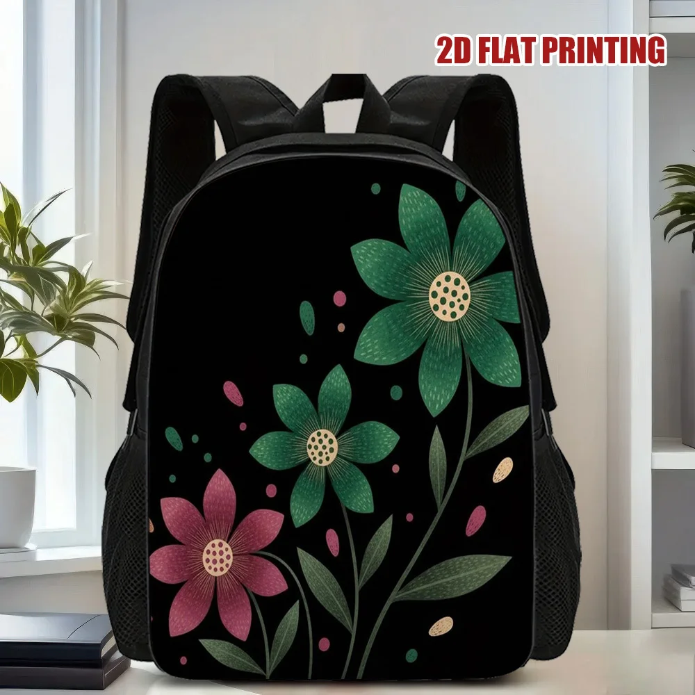 

Black backpack with floral pattern, adjustable shoulder straps and spacious compartment, suitable for students and travel