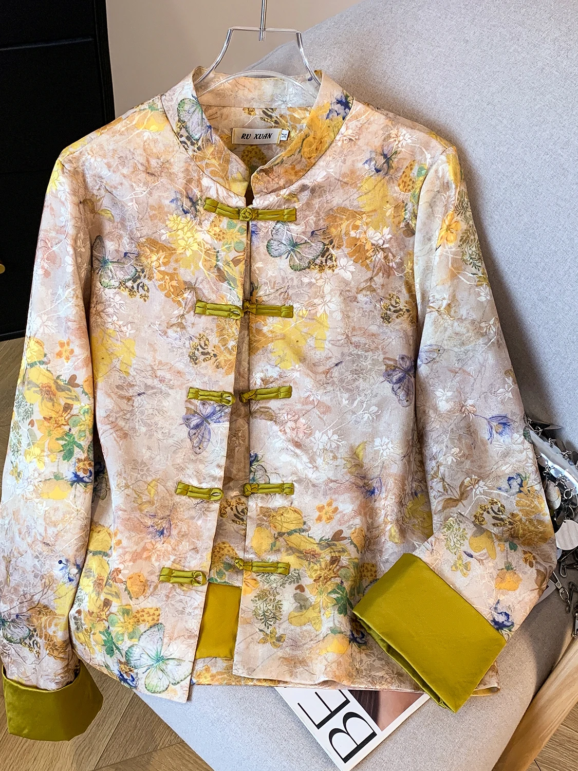 

Retro Floral Print Chinese Sle Spring Jaet Women's ort Outerwear Button up Top Artistic National Trend Loose Fit