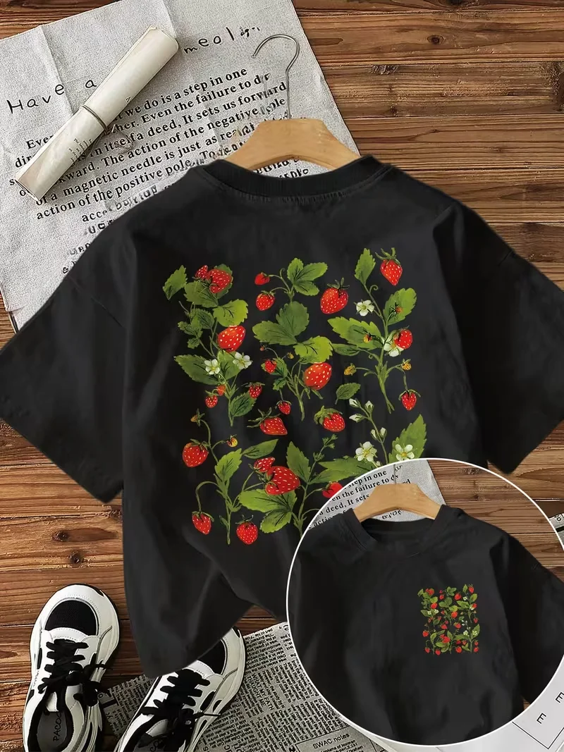 Strawberry Botanical Print T-Shirt,Women's T-shirt with Front & Back Design,Crew Neck Short Sleeve, Cottagecore Fruit Summer Tee